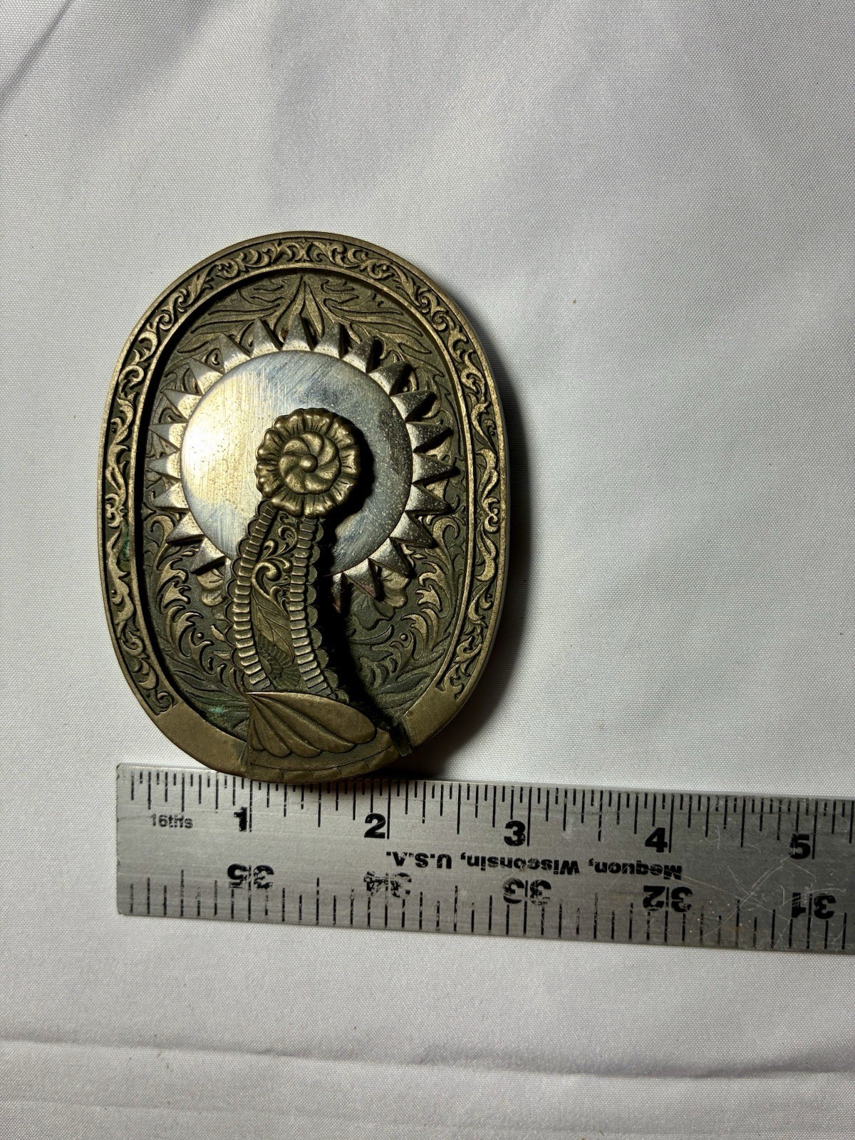 Vintage The Crockett Spinning Spur Belt Buckle Award Design Medals Western Brass