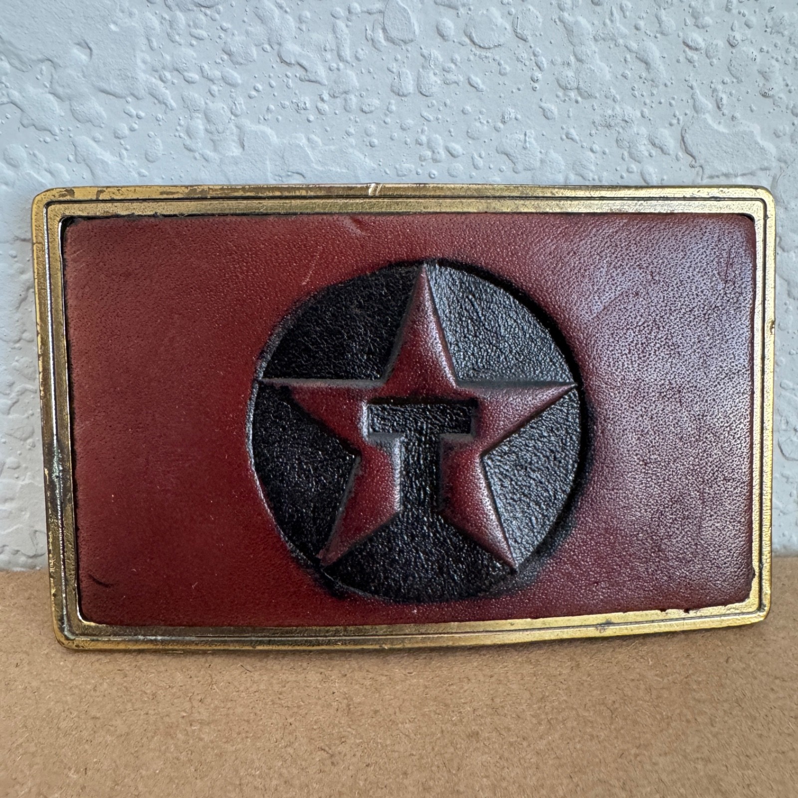 Vintage Texaco Star Logo Leather Belt Buckle Red And Black