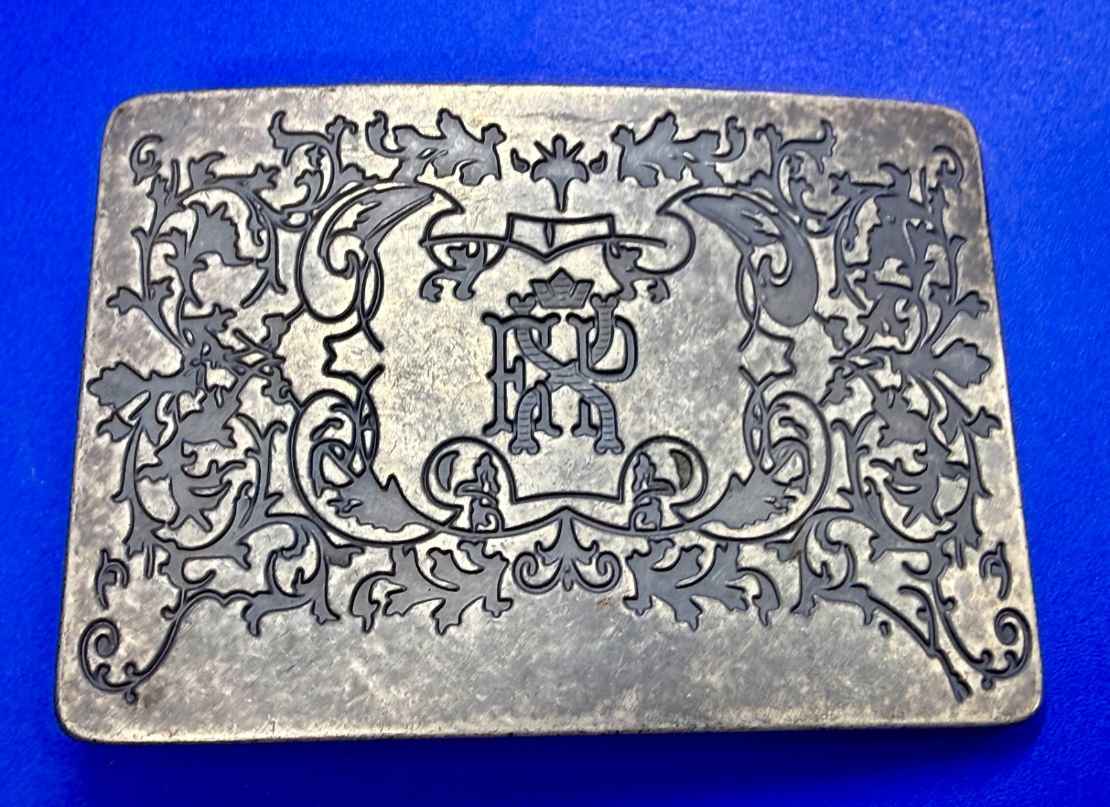 Letter EXP Monogram Scroll Ornate Pattern Silver Tone Rectangular Belt Buckle
