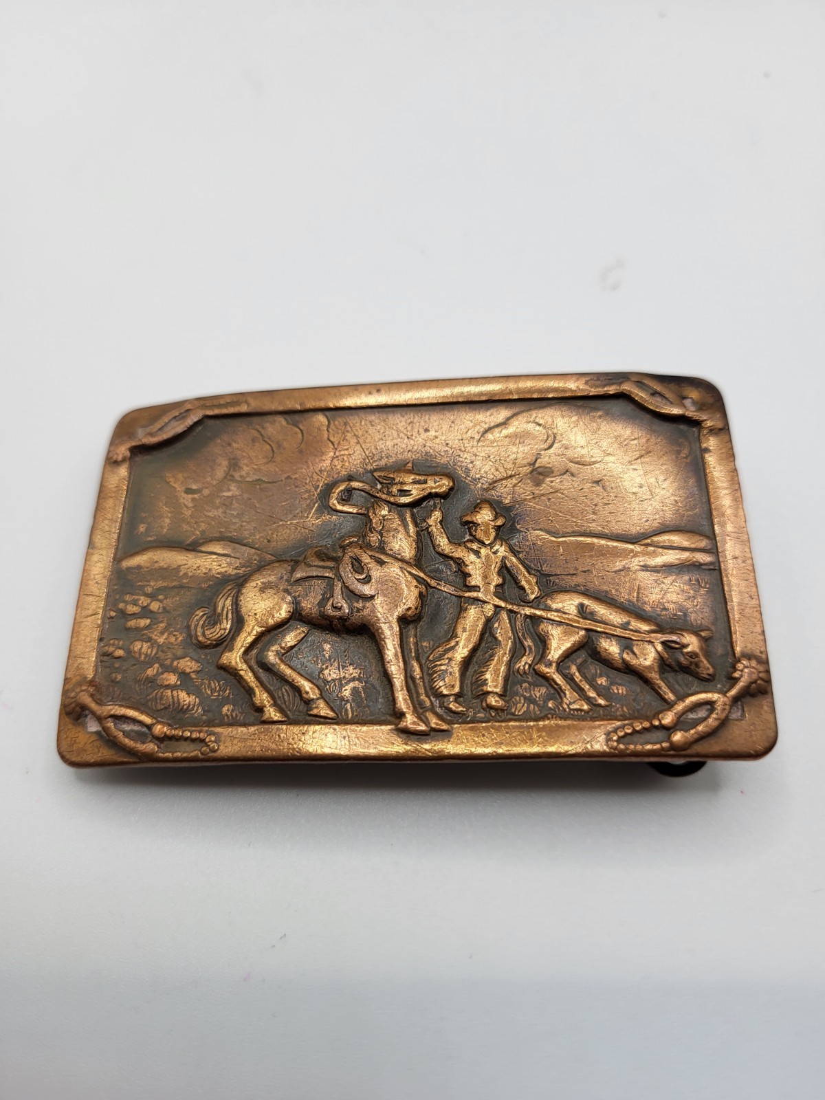 Vtg Western Belt Buckle Copper Brass Cowboy Wrangler Cattle Horse