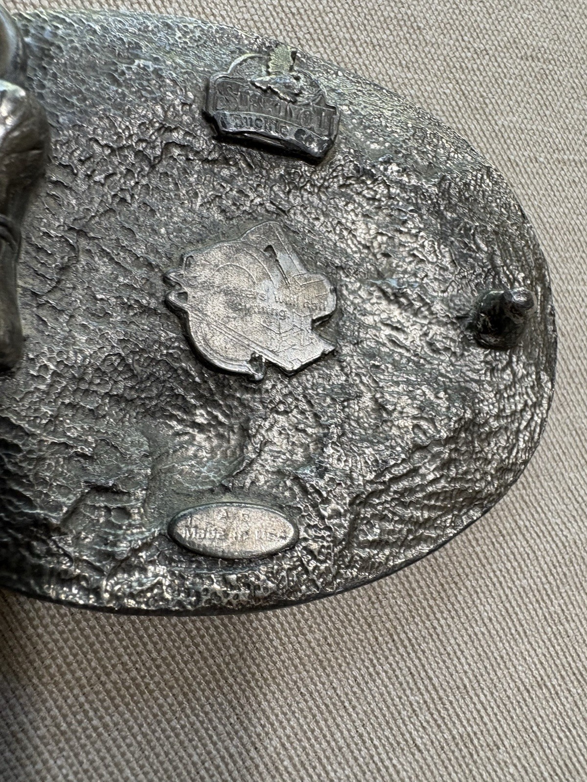 1991 Vintage Pewter Belt Buckle Carpenter Woodwork Saw Blade Pattern