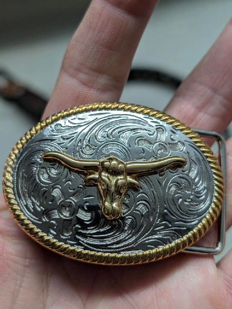vintage style WESTERN belt buckle LONG HORN steer COWBOY gold/silver RODEO