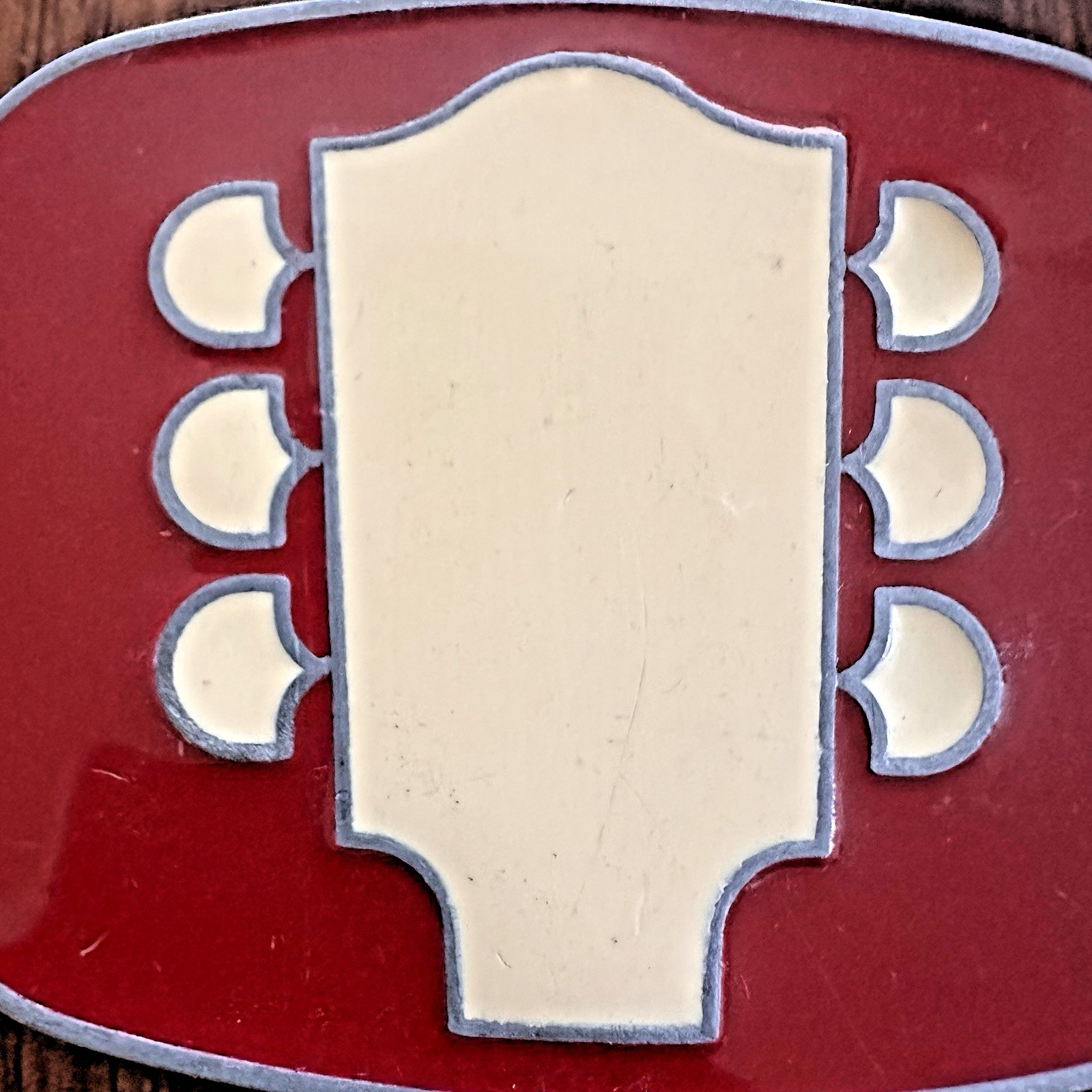 Guitar Headstock Belt Buckle Red Enamel Silver Tone Metal 3&Prime; x 2.5&Prime;
