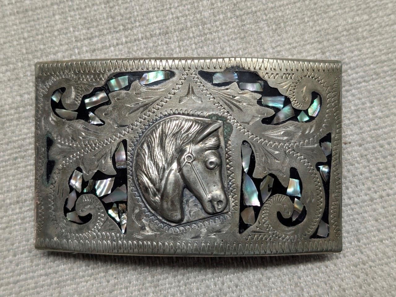 vintage WESTERN buckle belt HANDCRAFTED german silver ALPACA abalone HORSE