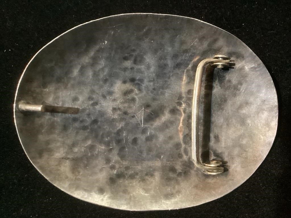 Western Oval Silver-Tone Hammered Belt Buckle w/ Turquoise Stone, Men&rsquo;s