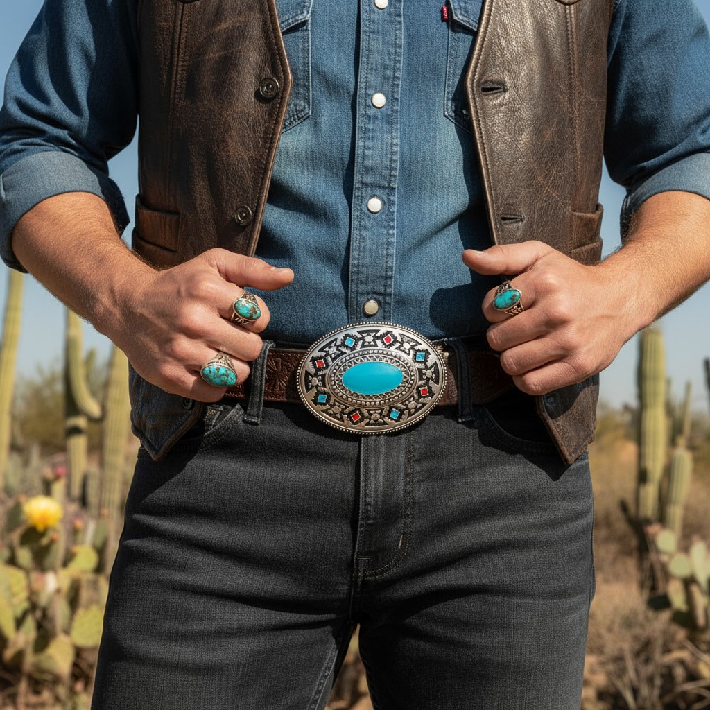 Men Silver Metal Buckle Native Ethnic Oval Turquoise Blue Red Black Mayan Print