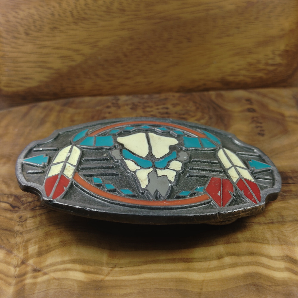 Southwestern Tribal Ox Skull Feather Enamel Belt Buckle