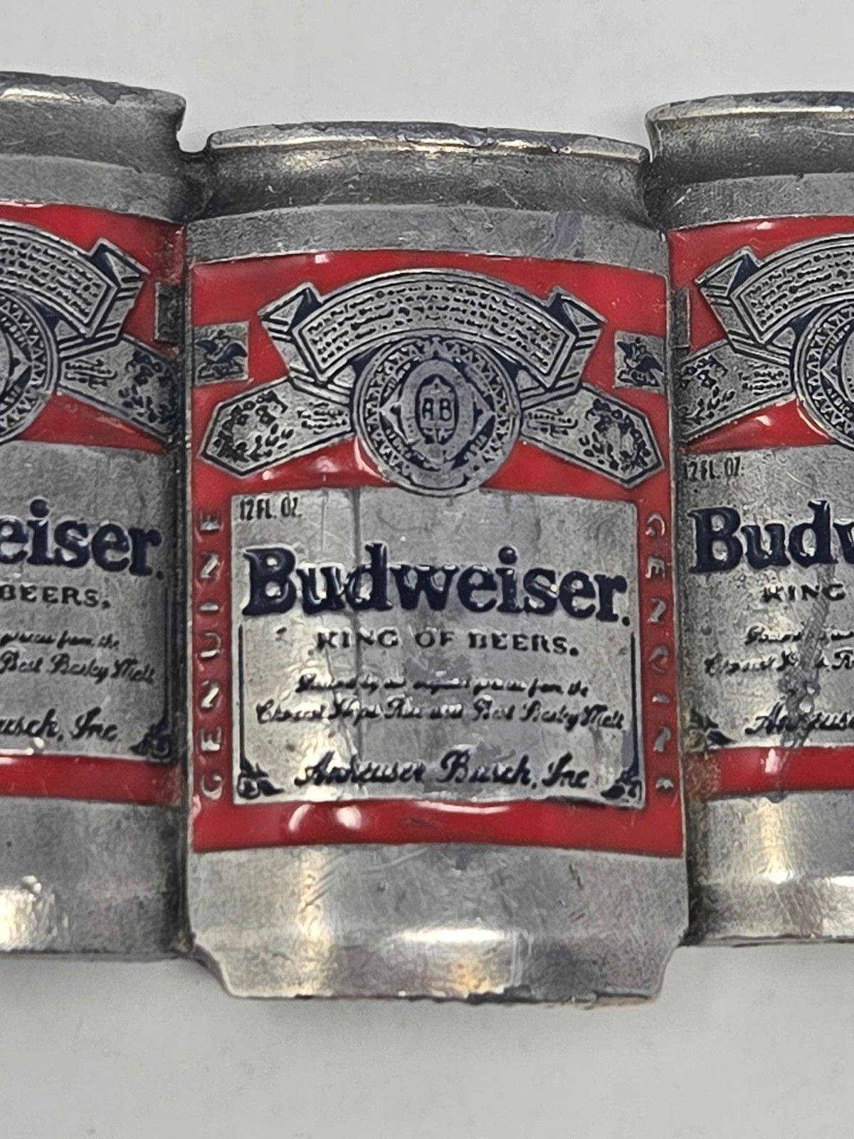 BUDWEISER ANHEUSER-BUSCH VINTAGE METAL BELT BUCKLE BEER CANS PEWTER RED MENS OS