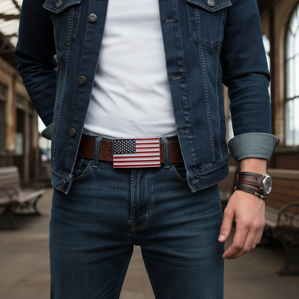 Women Men Silver Metal Western Fashion Buckle 3D United States Flag USA Casual