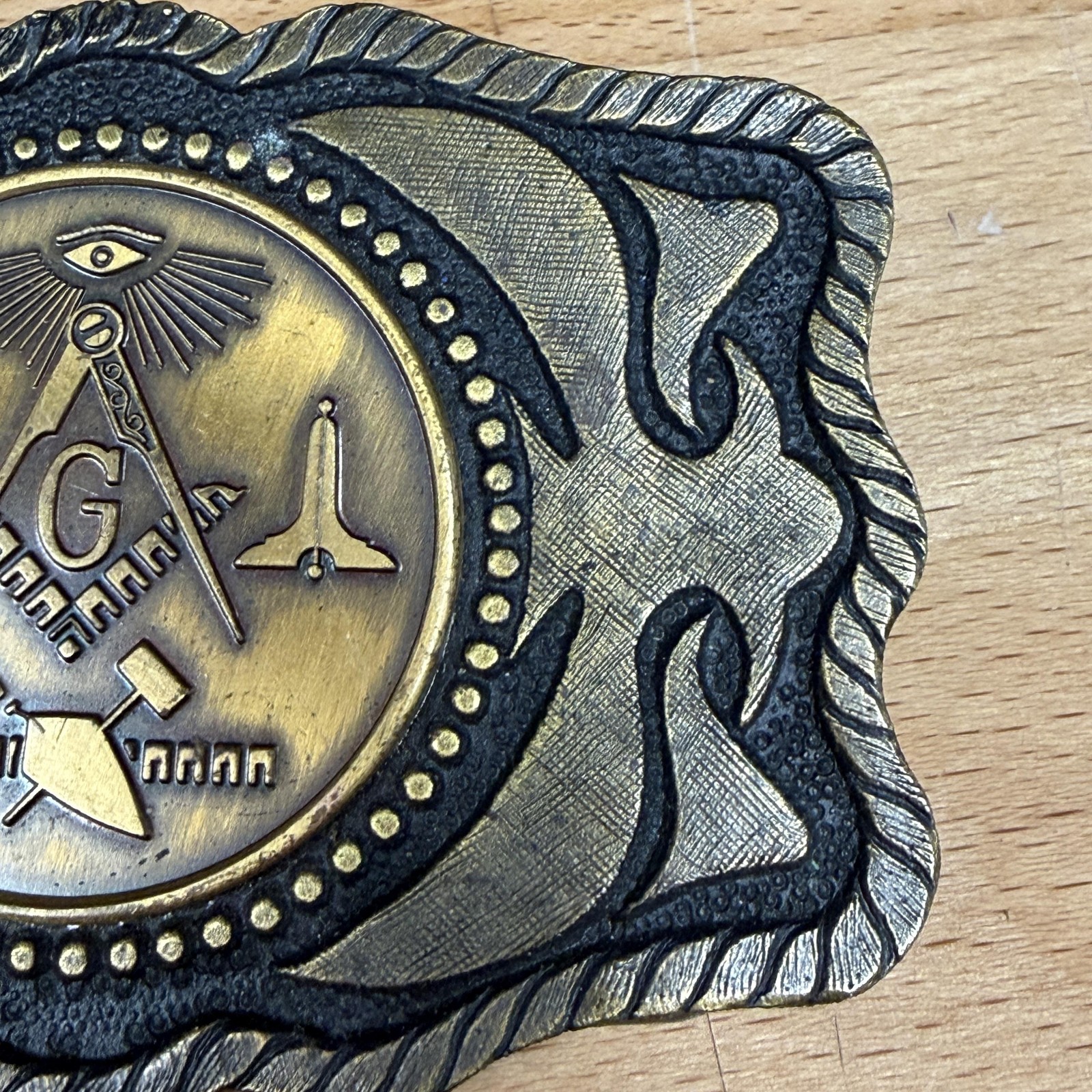 Masonic Belt Buckle Mens Gold Tone Metal Square Compass G Western Antique Finish