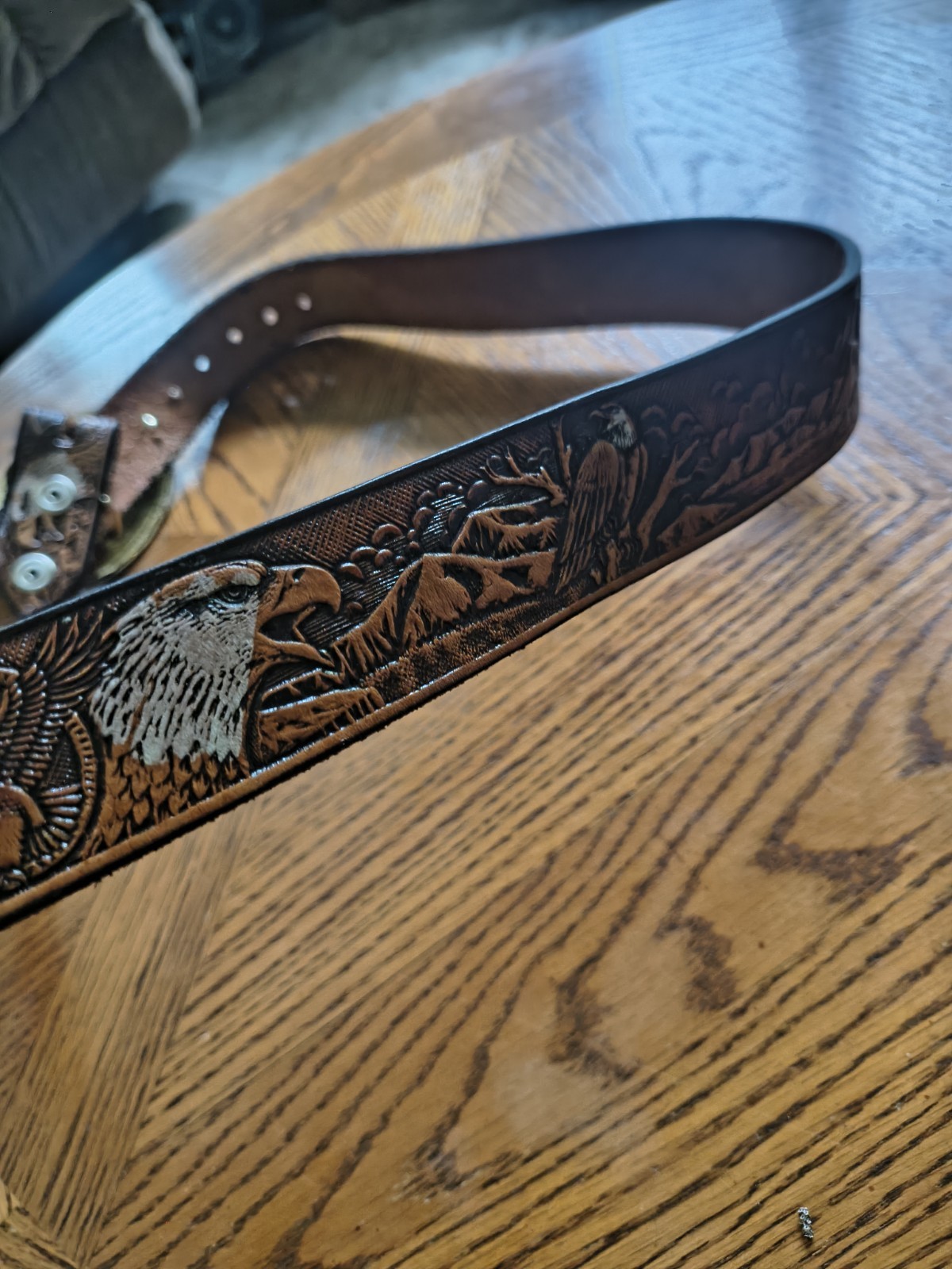 Vintage Genuine Leather Eagle & Deer Wildlife Belt Gold Tone Buckle Size Apx 32