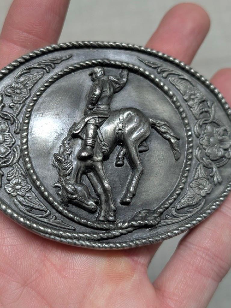 vintage RODEO belt buckle BUCKIN BRONCO cowboy WESTERN pewter brass