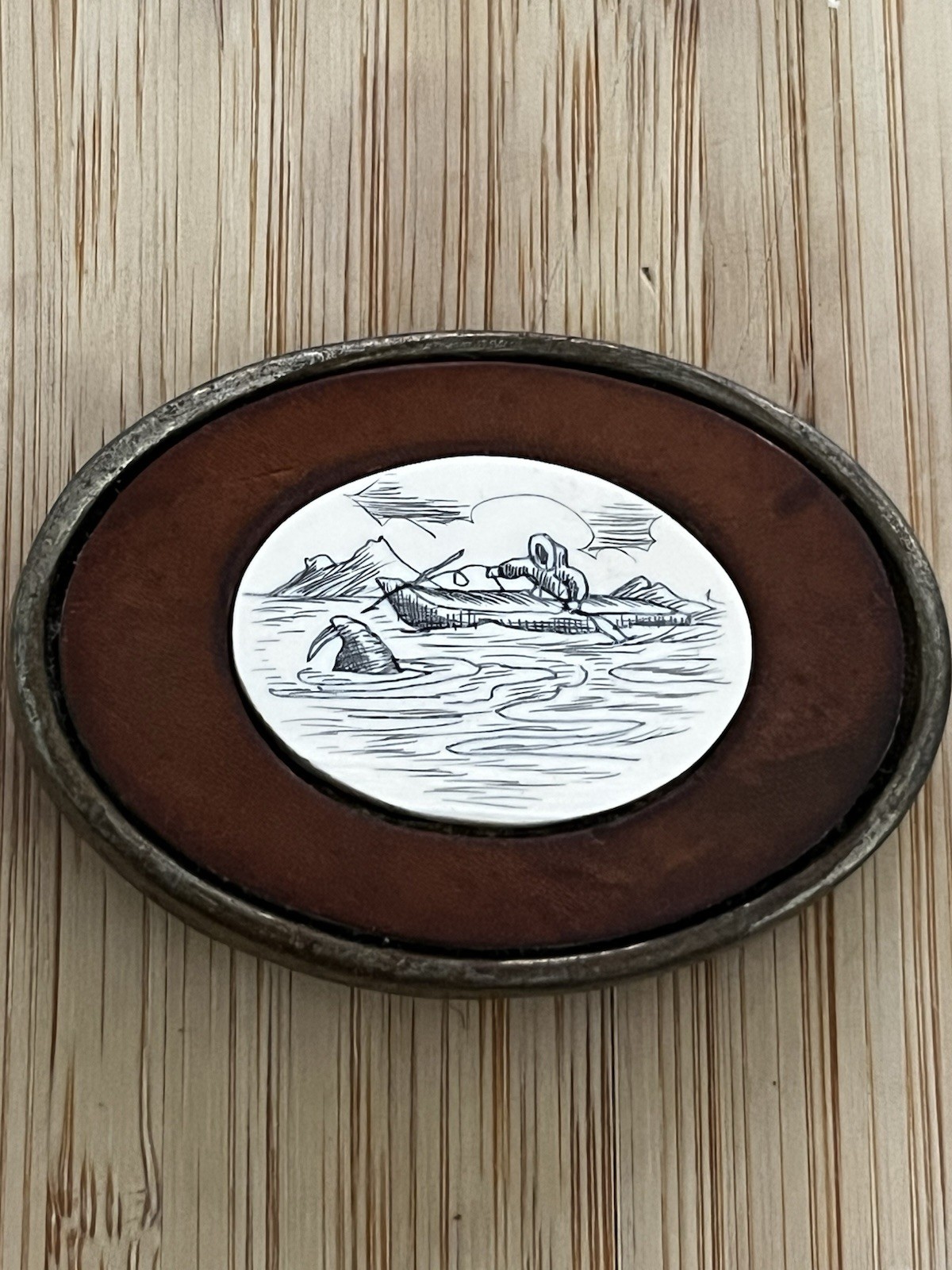 Oval Nautical Boat Scene Western Belt Buckle Brown Silver Tone Metal 1.5in