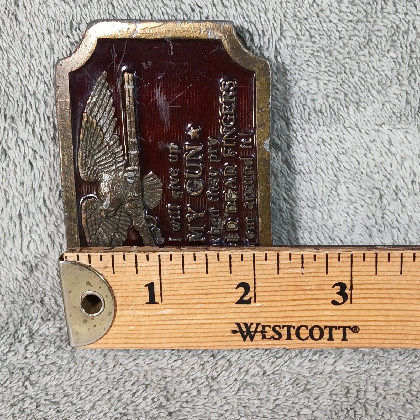 Indiana Metal Craft Belt Buckle Mens OS Burgundy Eagle 1970s Brass Gun Rights