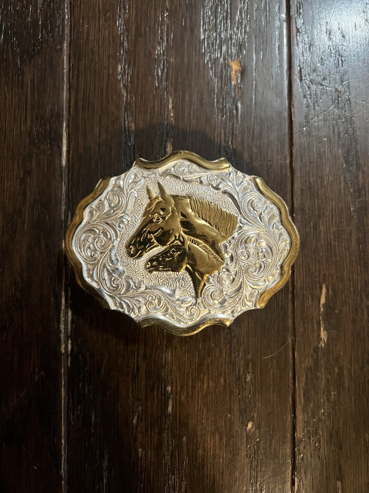 VTG Western Belt Buckle Crumrine Oval Silver & Gold, Horse & Foal Design Bronze