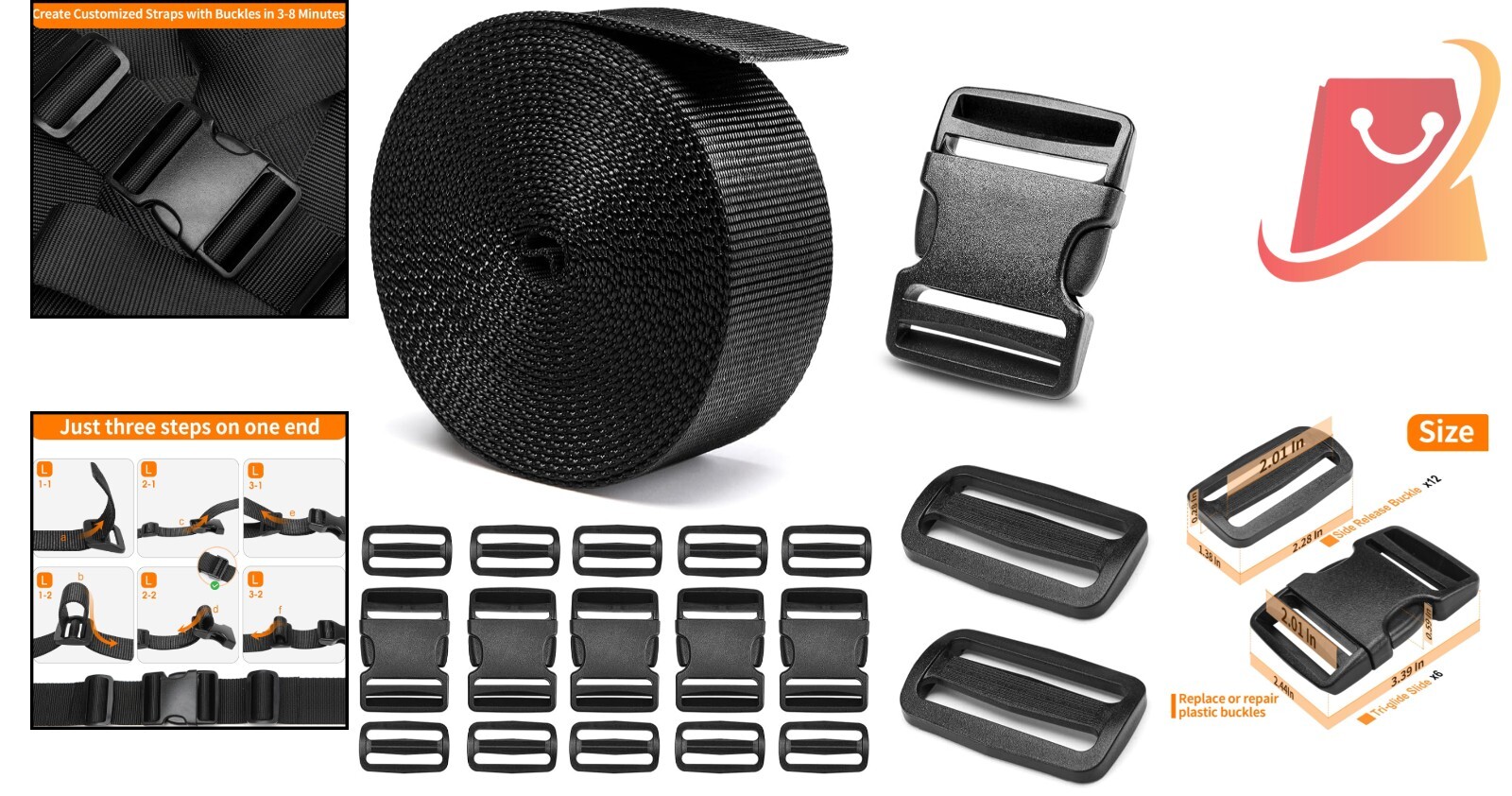 Heavy-Duty Buckle Straps Set 6-Pack Plastic Nylon Webbing for DIY Outdoor Gear