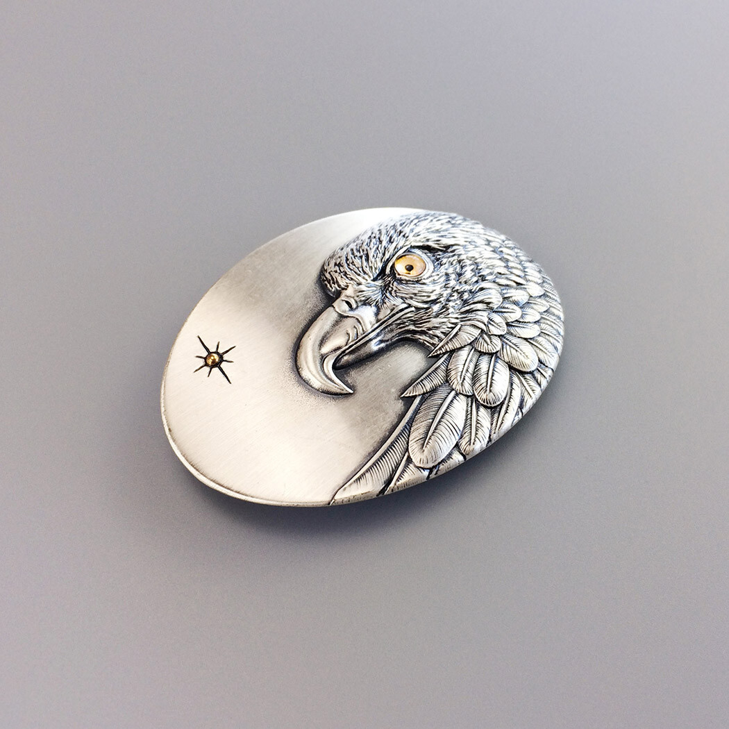 Vintage Silver Plated Oval Sun Eagle Belt Buckle With Yellow Eye