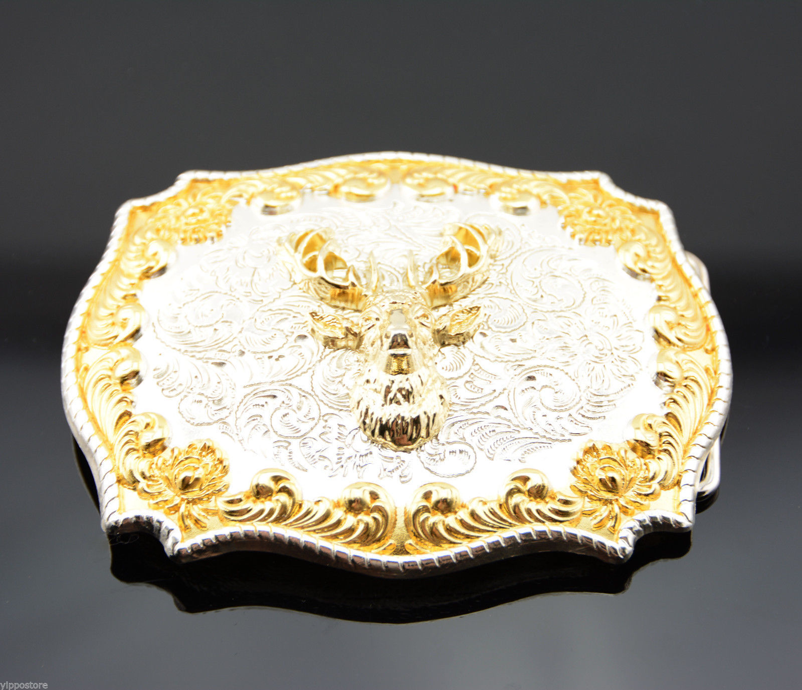 Gold & Silver Plated Deer Buck Head Western Cowboy Rodeo Metal Belt Buckle