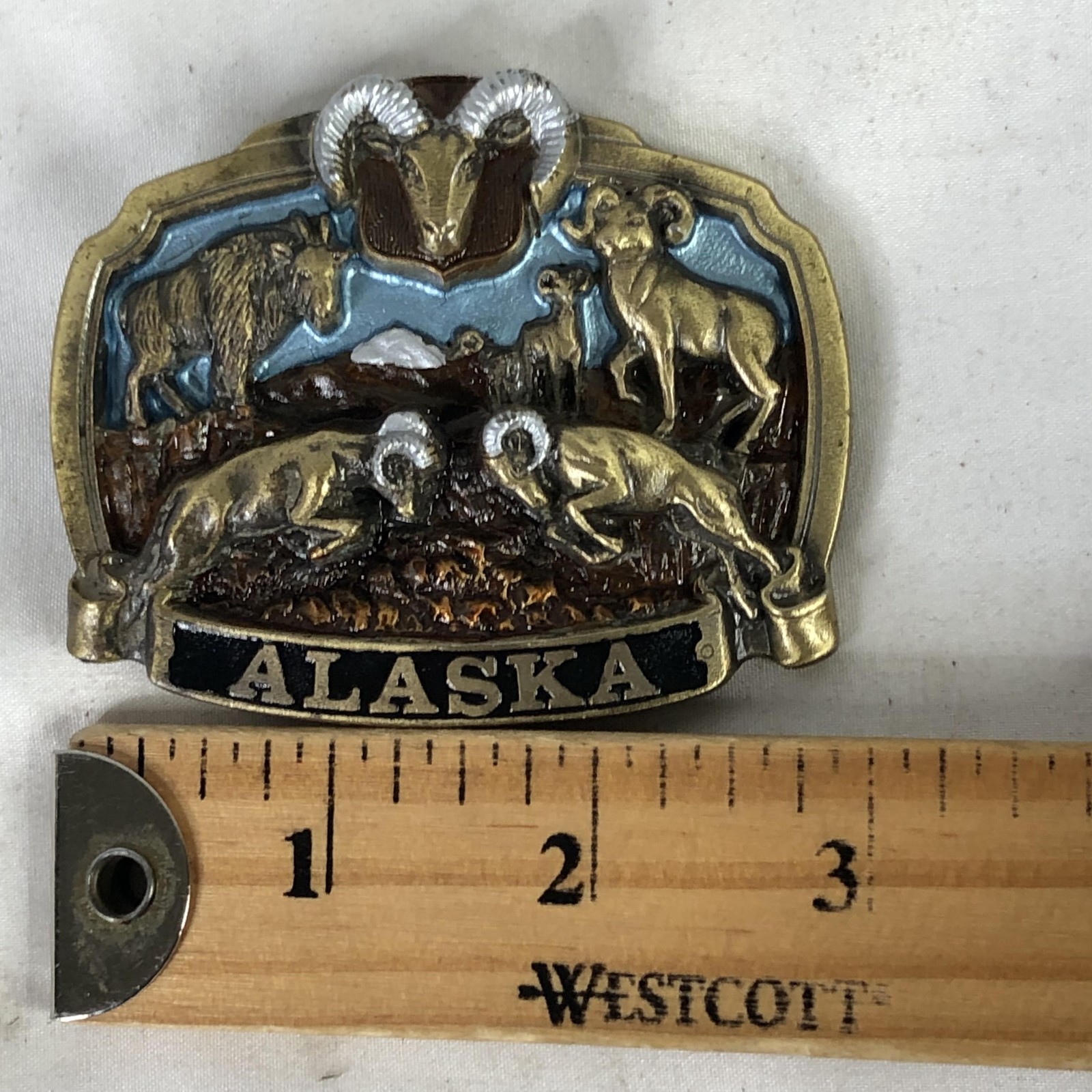 Vintage The Great American Buckle Co Belt Buckle Mens Gold Alaska Wildlife USA