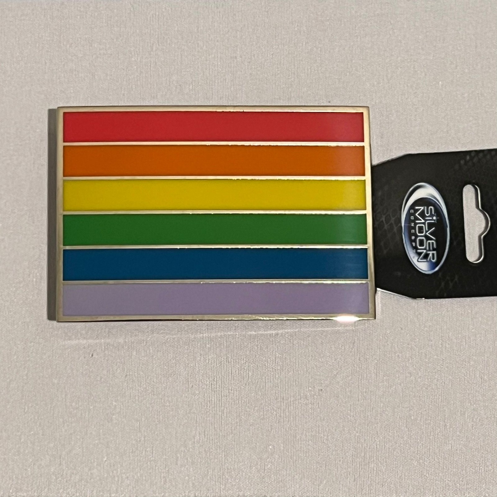 Silver Moon Belt Buckle Rainbow Enamel Rectangle Pride Flag Unisex Collectible