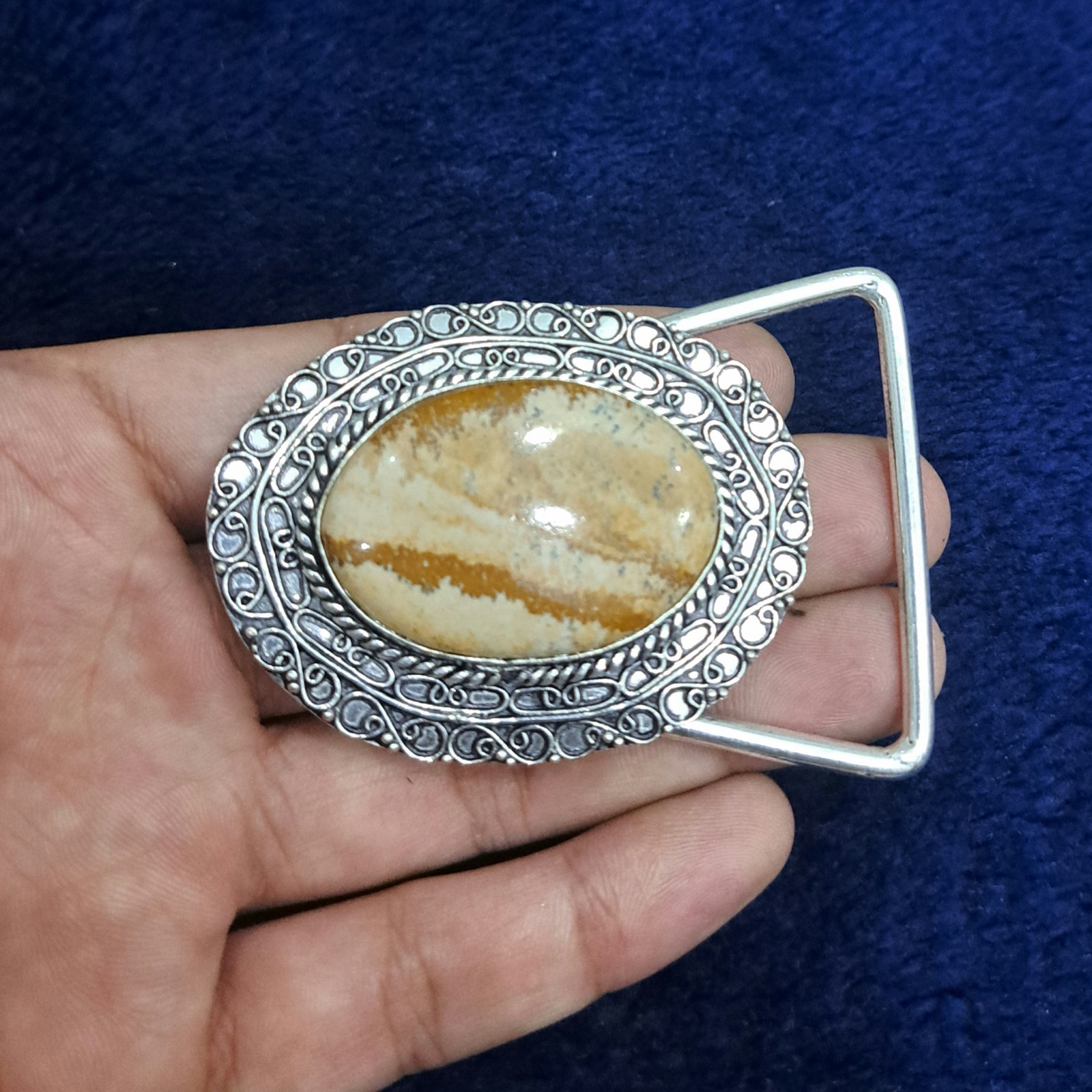 Silver Plated Belt Buckle Handmade Jasper Gemstone Western Cowboy Belt For Men