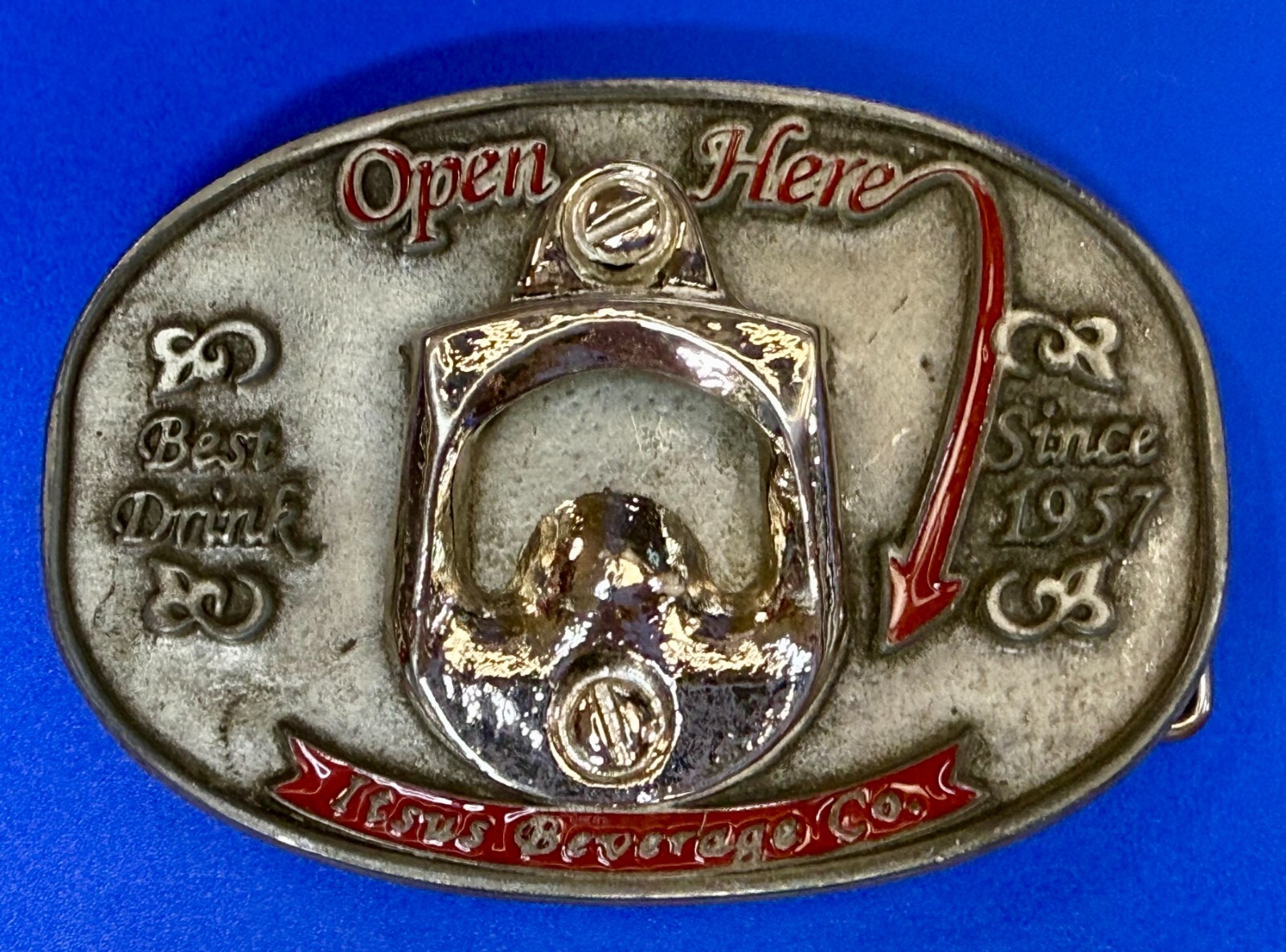 OPEN HERE Best Drink Since 1957 Itsus Beverages Co. Belt Buckle Bottle Opener