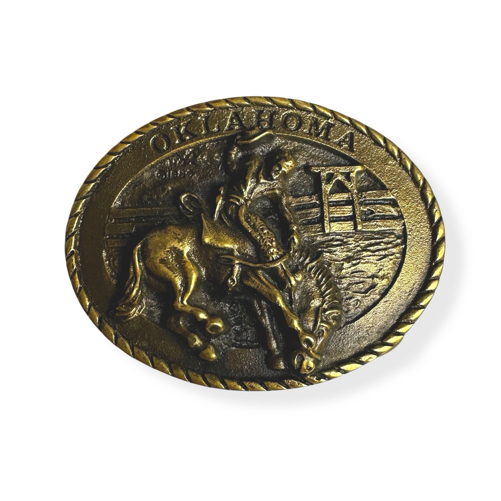 VTG 1980 Brass All Around Cowboy Oklahoma Western Bucking Horse Belt Buckle 3.5”
