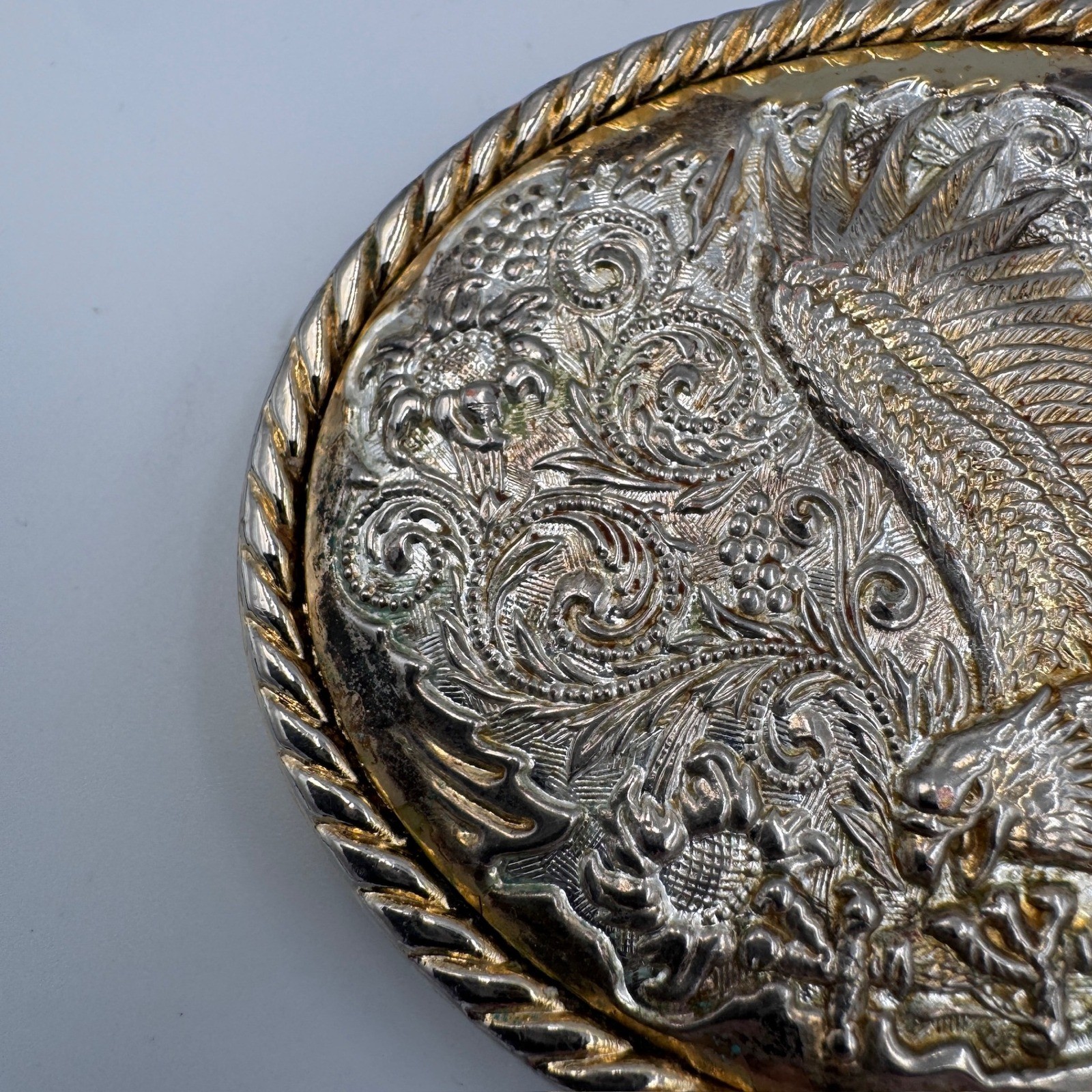 Ivan Western Eagle Belt Buckle Silver Gold Tone Floral Scrollwork Rope Border