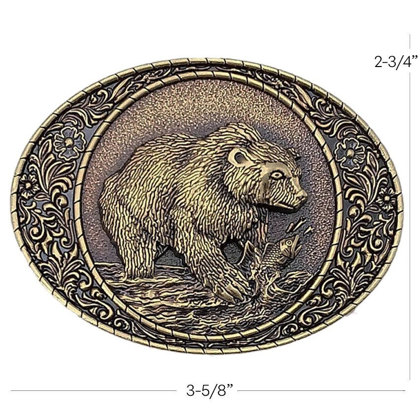 Men Antique BRONZE Metal Belt Buckle Bear Hunting Salmon