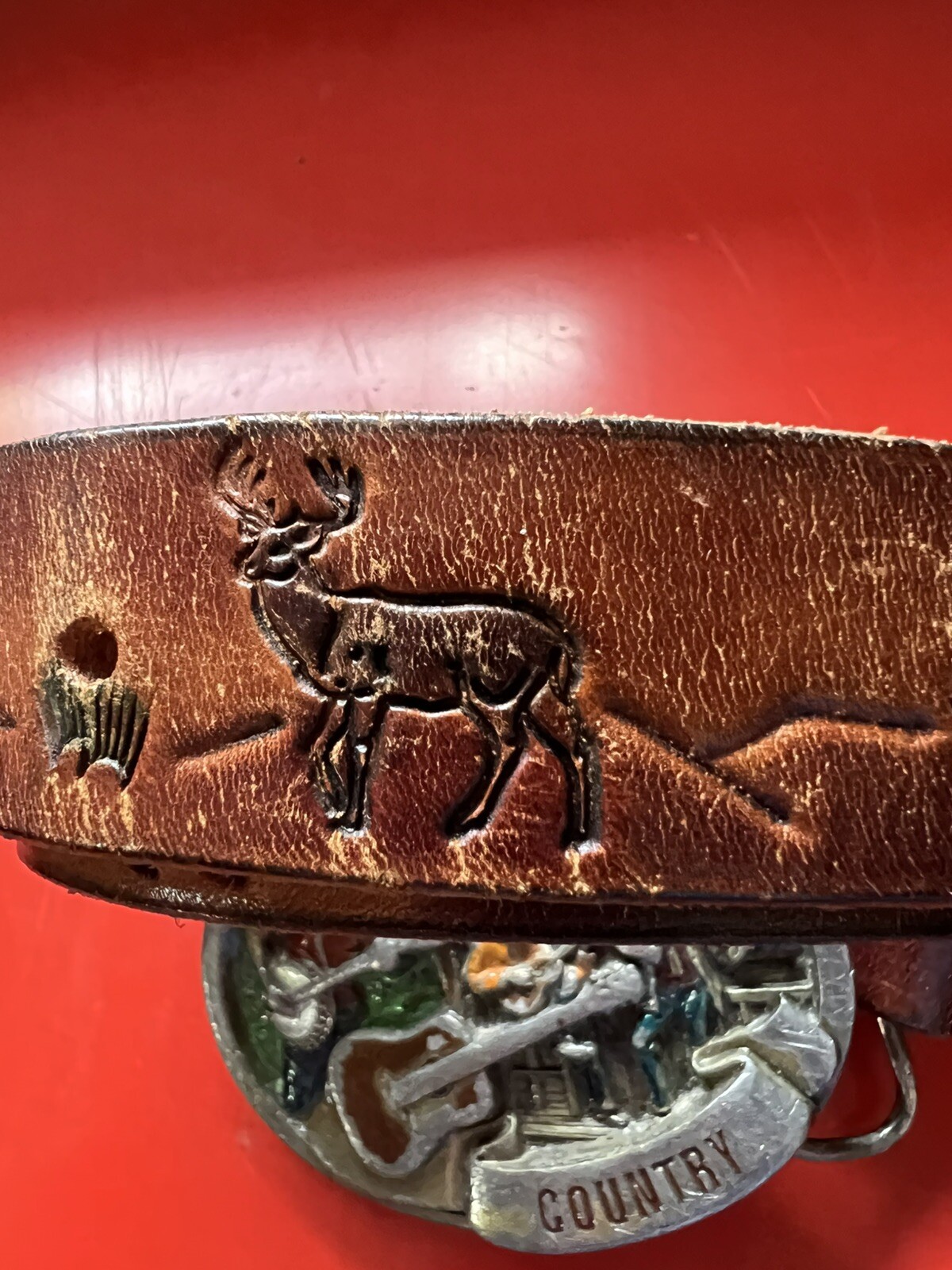 Country Music C & J Belt 1446 Enameled Metal Guitar Fiddle Banjo 1986 Leather