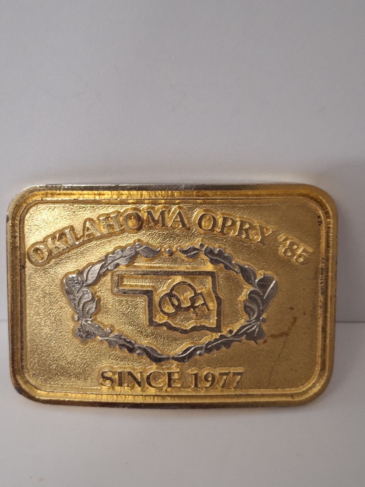 Vintage 1985 Oklahoma Opry Gold Metal Solid Brass Belt Buckle Cowboy Western