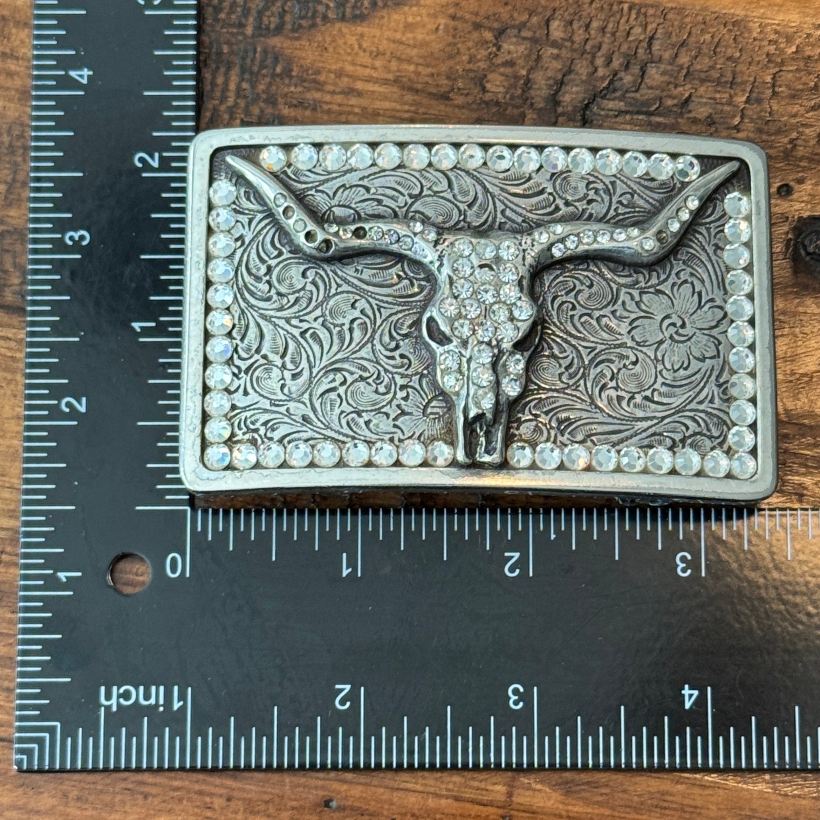 Western Longhorn Skull Belt Buckle Silver Engraved Floral Rhinestone Accents