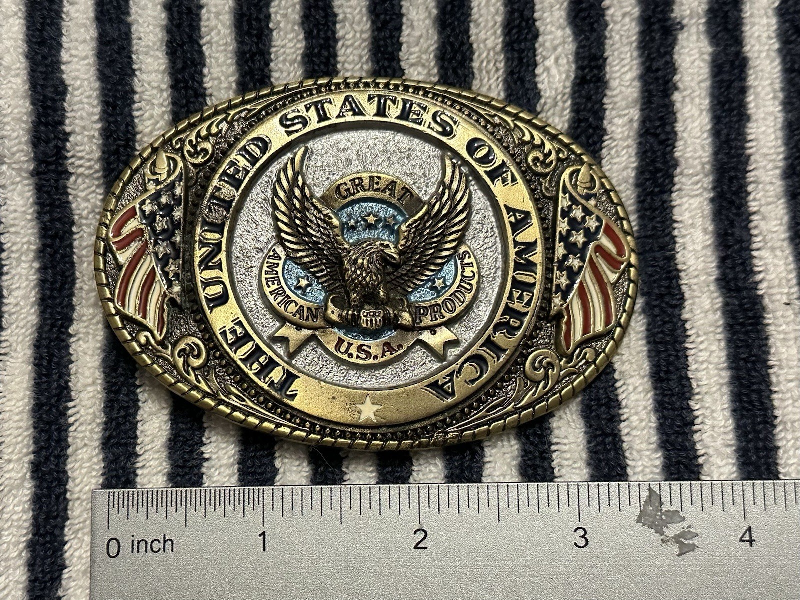 USA Patriotic Eagle Flag Oval Western Belt Buckle Metal Embossed 1.75in 1823