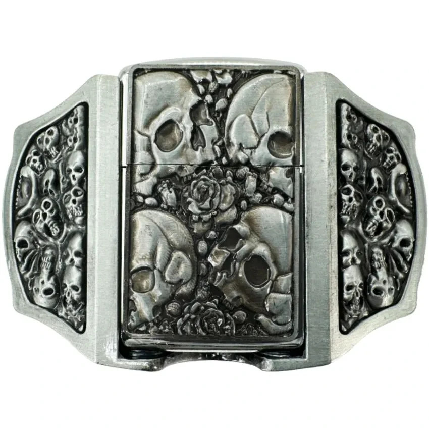 Skulls Engraved Refillable Flip Top Lighter in a Belt Buckle Combo