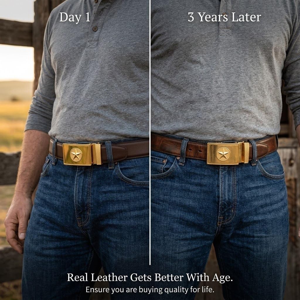 Men&rsquo;s Full-Grain Leather Ratchet Belt Brown with Military Star 28&Prime;–44&Prime;,