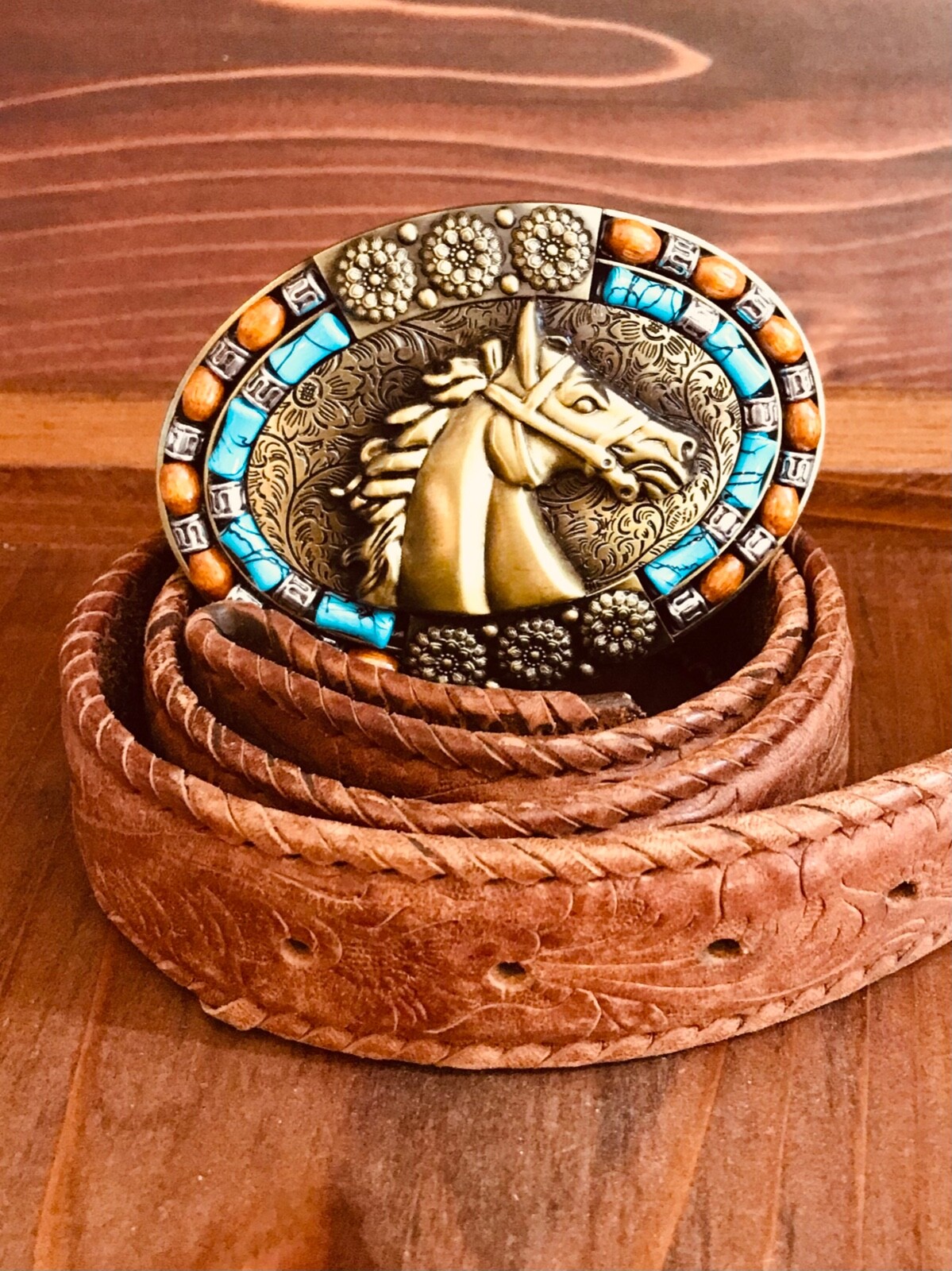 Men -women Belt Buckle Brass horse head with turquoise and rust inlaid stone