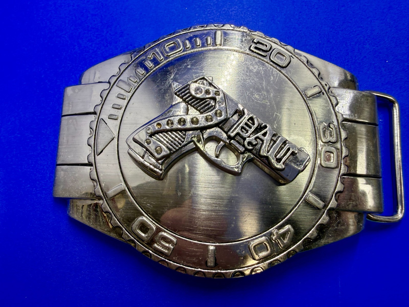 Dive Watch Style Shape Pistol Gun with Rhinestone Silver Color Large Belt Buckle