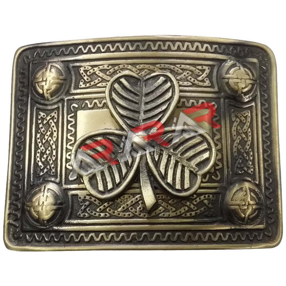 Men’s Kilt Belt Buckle Irish Shamrock Celtic Knot Work AAR Brass Antique Finish