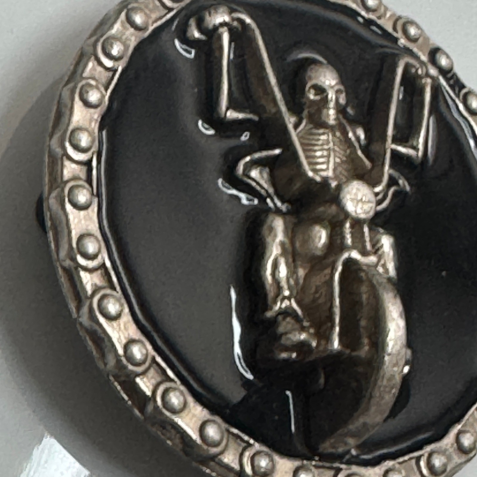 Skeleton Rider Motorcycle Belt Buckle Silver Tone Black Metal Round