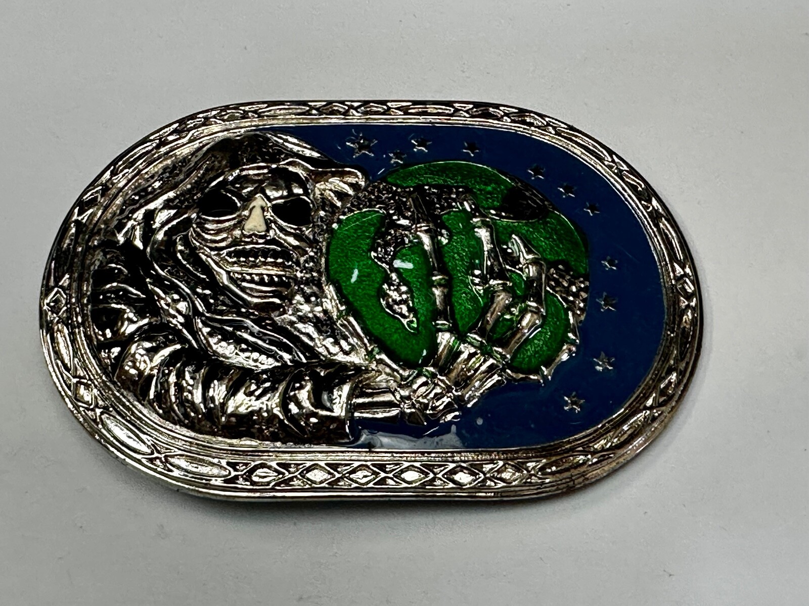Skull Face Holding The Earth Grim Reaper Silver Green Gothic Biker Belt Buckle