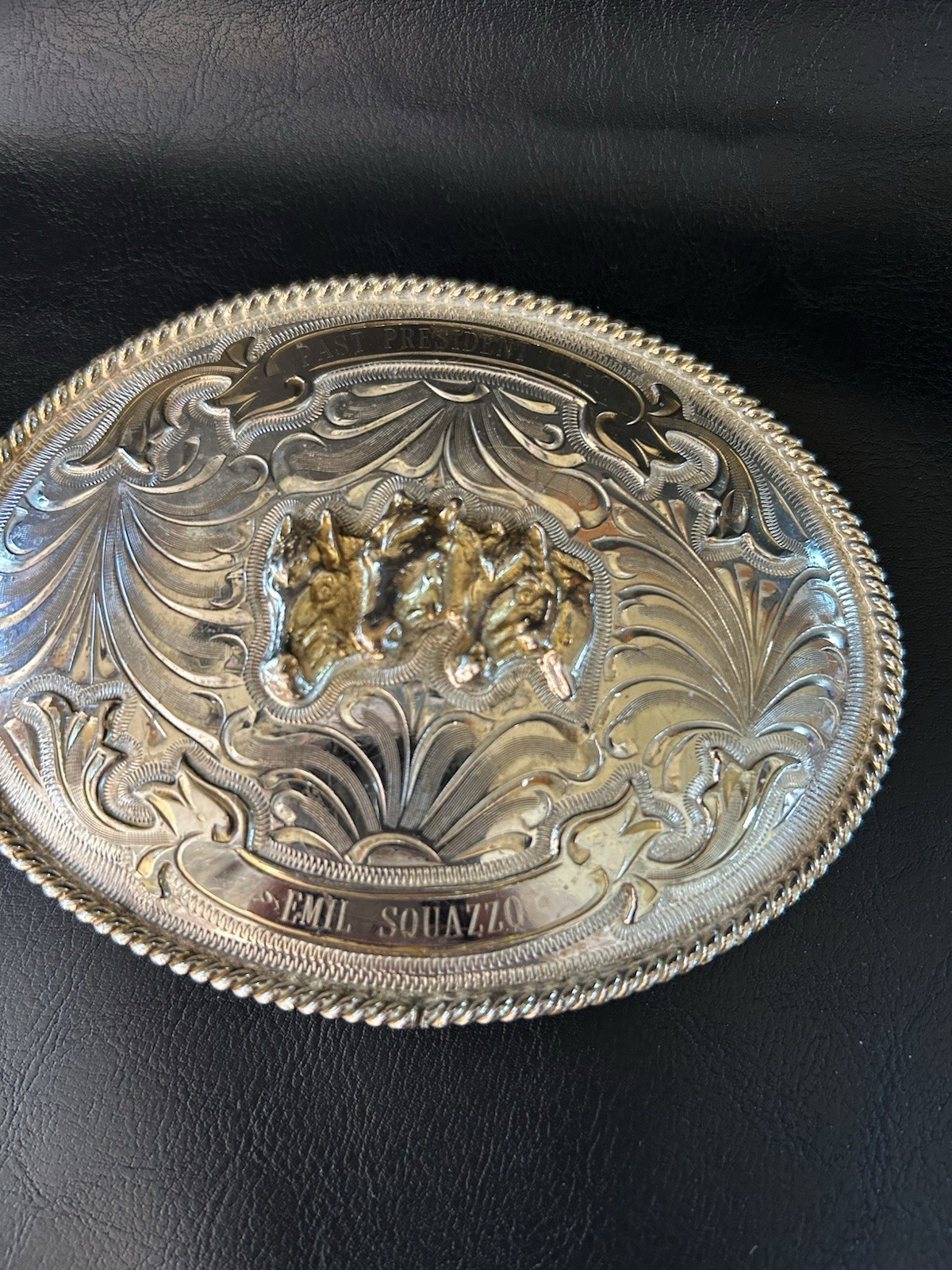 Vintage Alpaca Mexico Belt Buckle Three Horse Heads Western Filigree