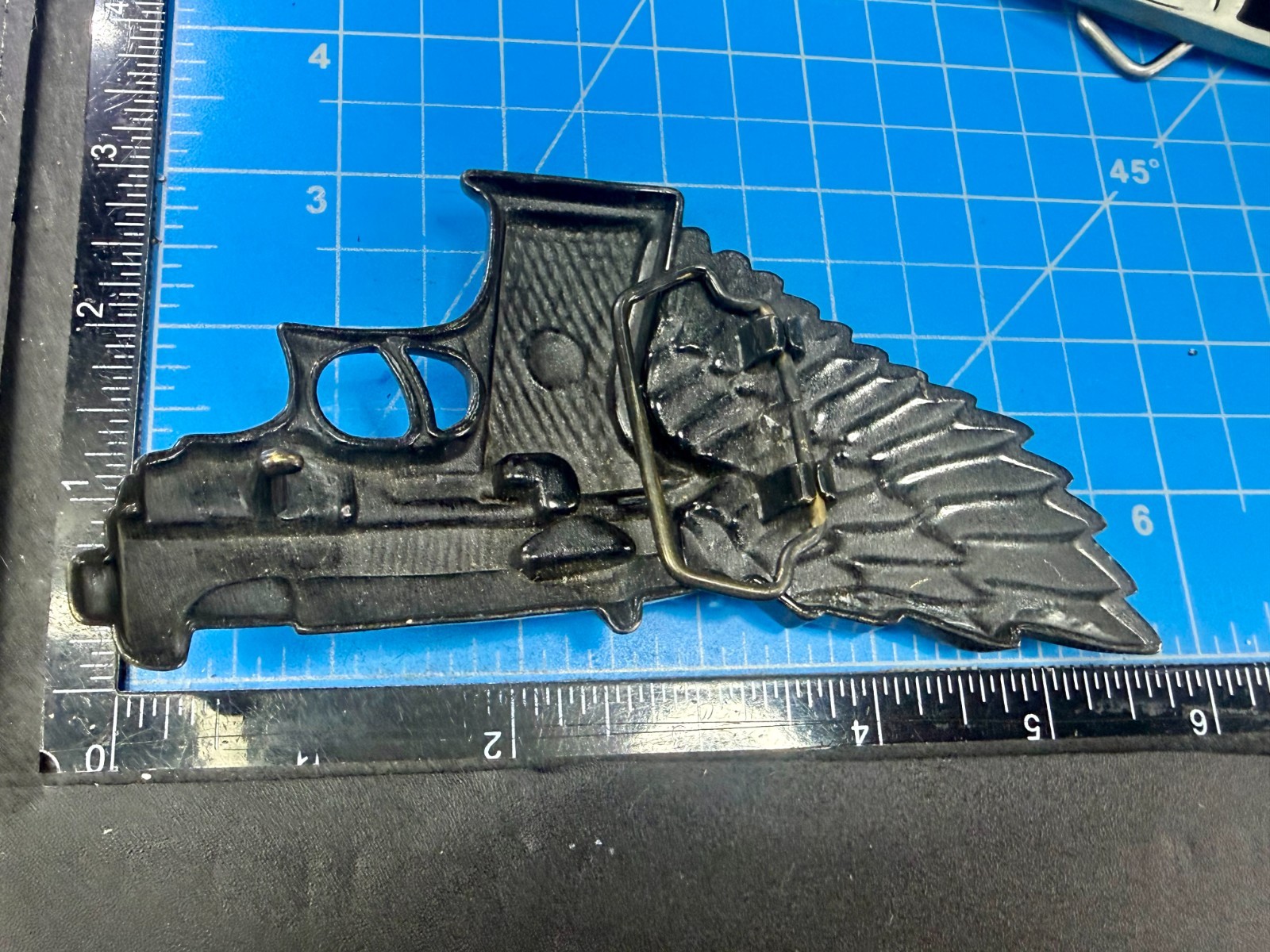 Winged Gun Flying Pistol Handgun Figural Cutout Brass Tone Large Belt Buckle