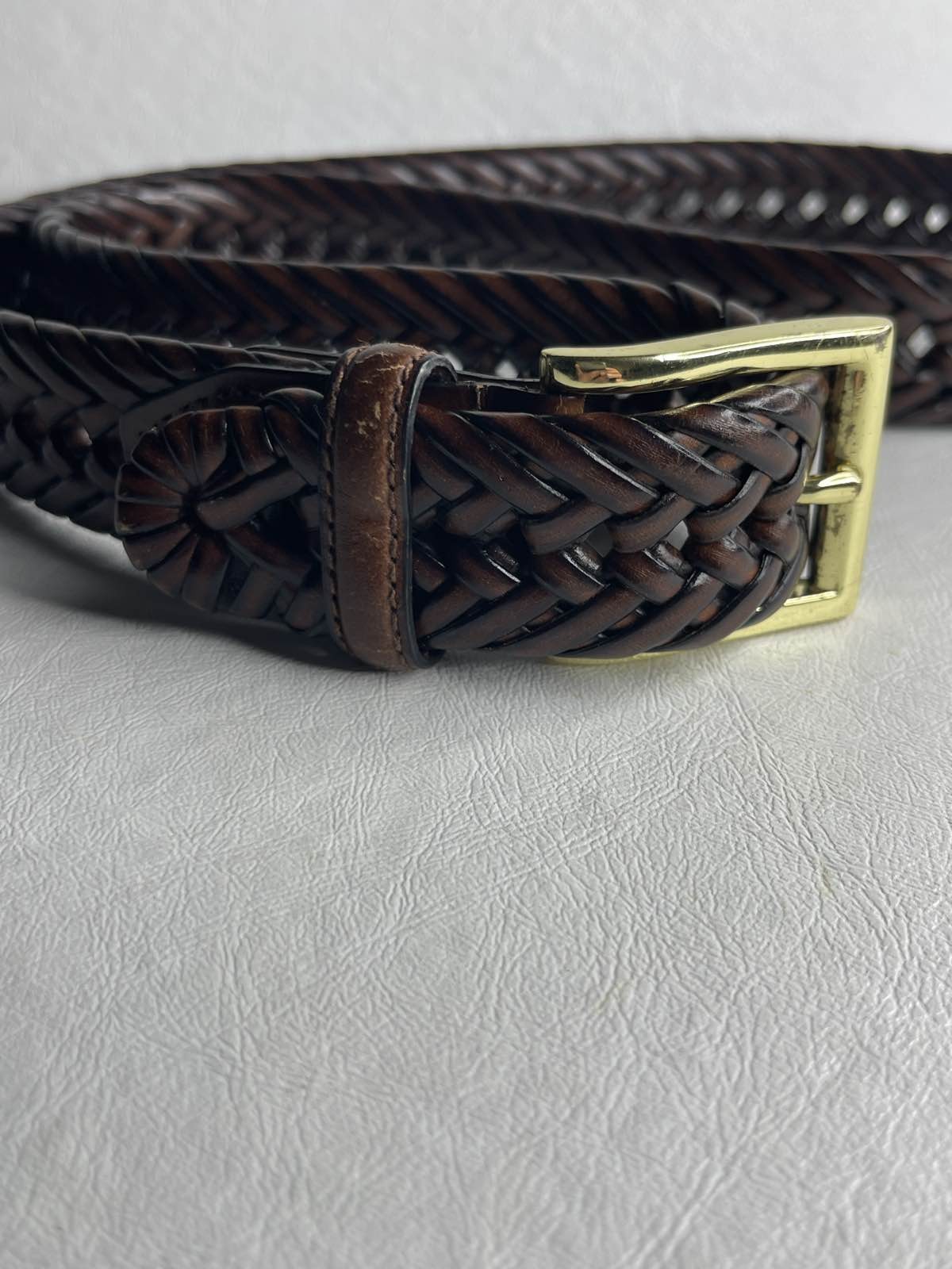 Brown Braided Bonded Leather Belt 36/90 Gold Tone Buckle Men Woven
