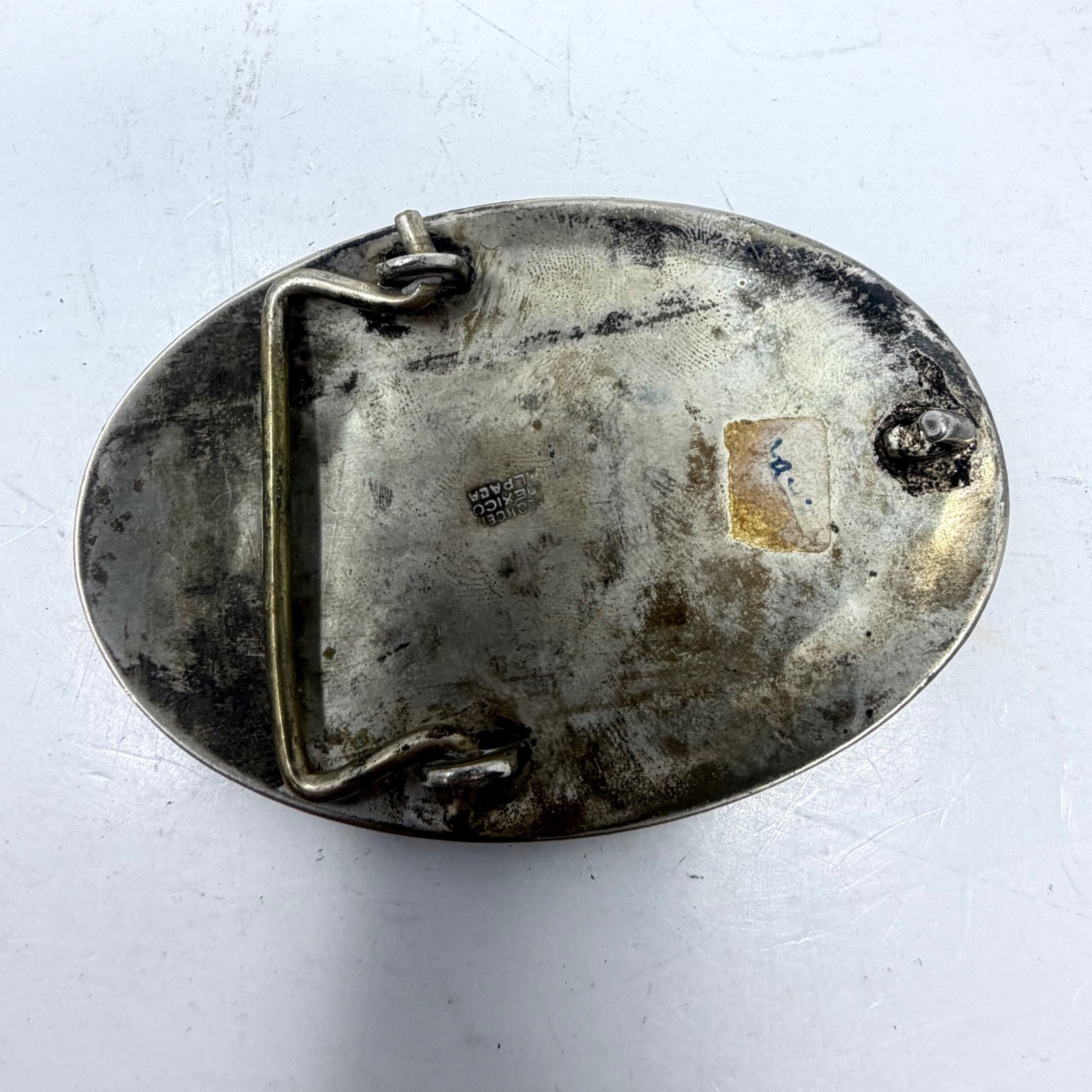 Vintage Mexico Alpaca Silver Horse Belt Buckle Abalone Shell Mosaic Inlay 3.25&Prime;