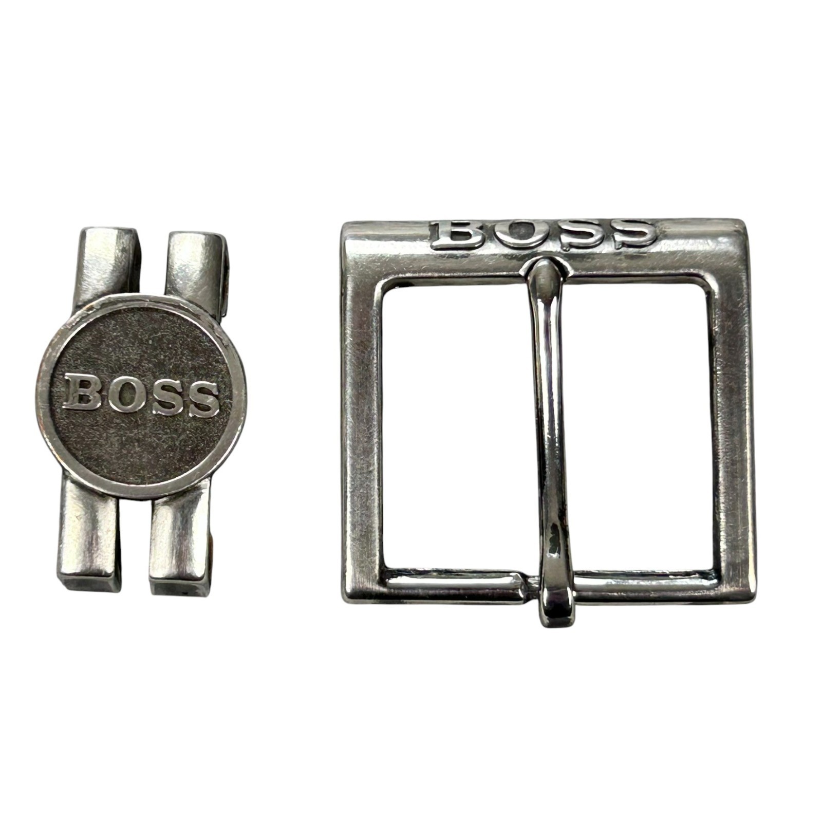 Hugo Boss Belt Buckle Silver Metal w/ Embossed Boss on Both Pcs 1.5&Prime; belt Width