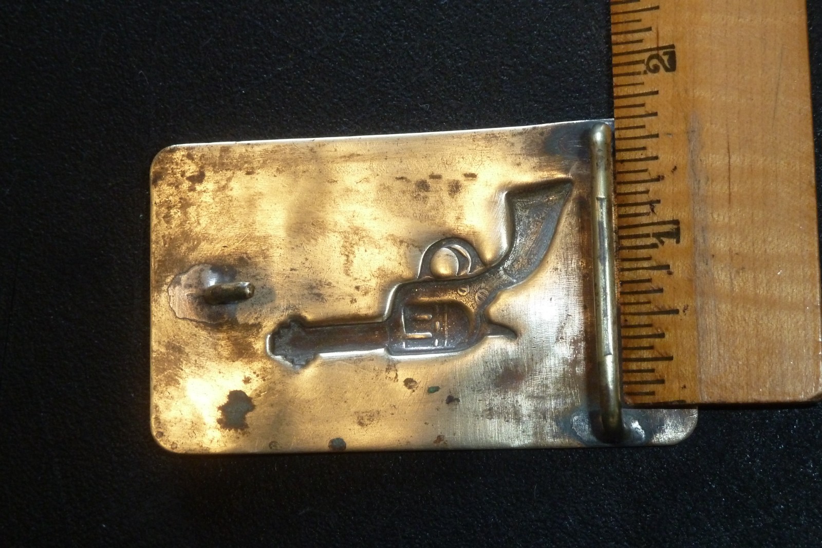 Vintage Western Brass Belt Buckle Embossed Revolver Gun Pistol Solid Bar RARE