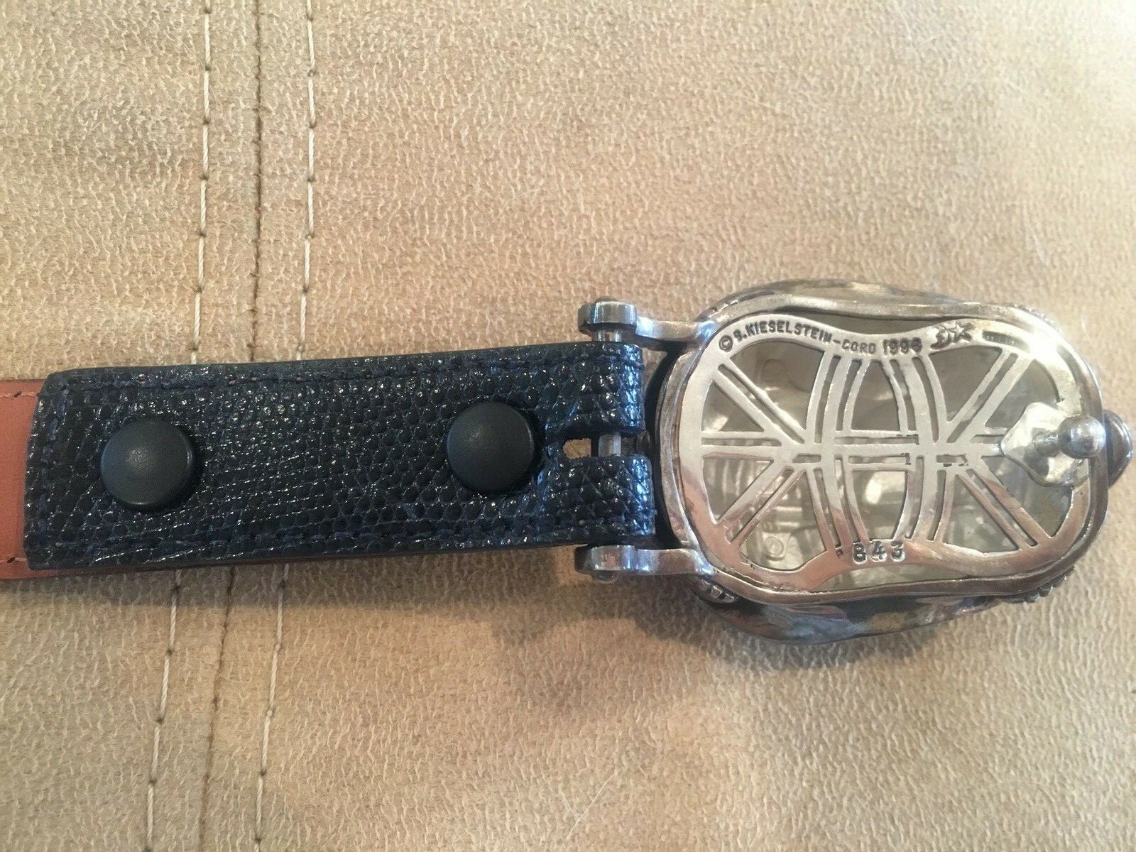 RARE!!! Kieselstein Cord Silver Turtle Buckle With Black Lizard Belt Size 2