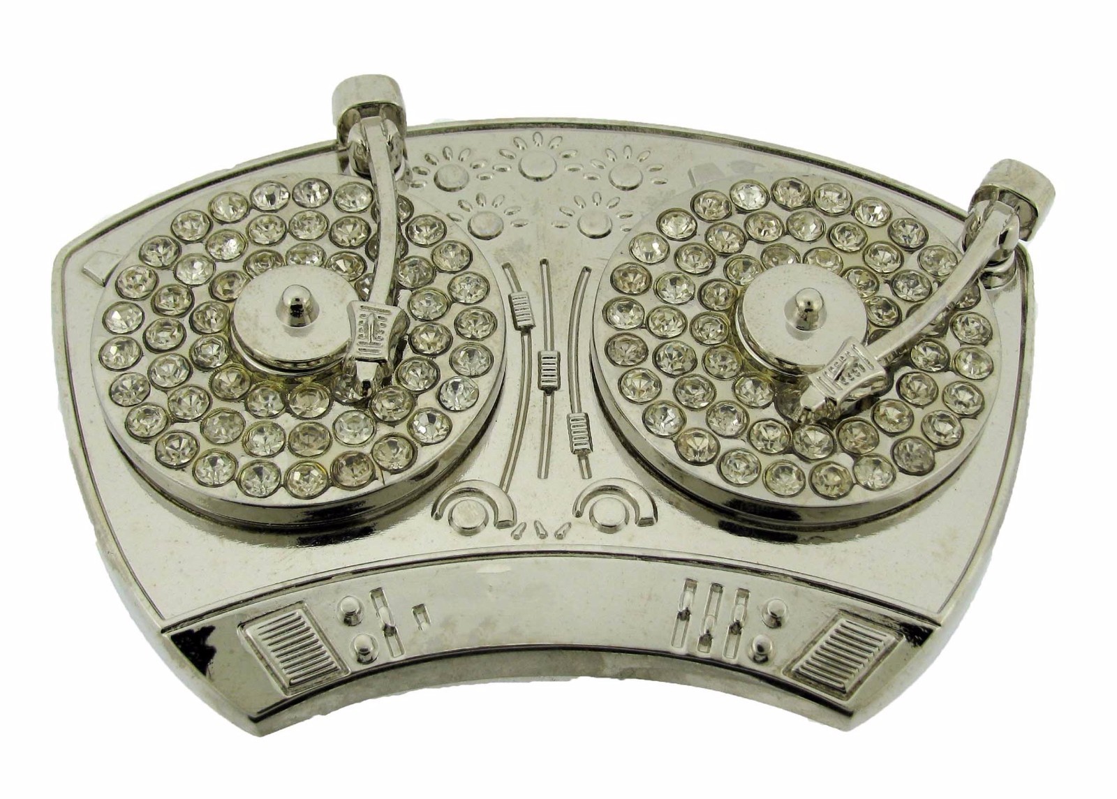 Turntables DJ Belt Buckle Blinged Silver Chrome Rhinestones New Unisex Hip Hop