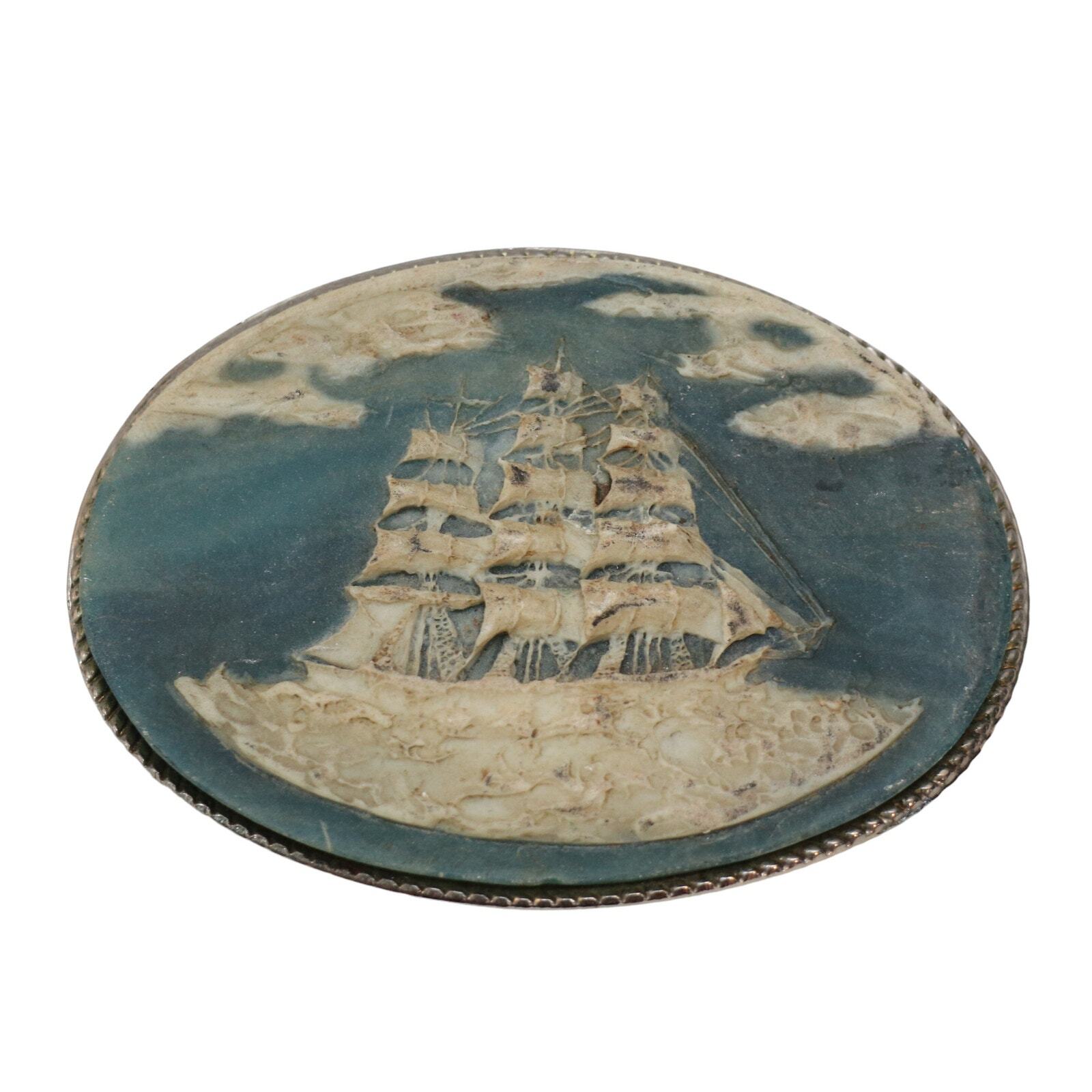 Vintage Incolay Stone Belt Buckle Cameo Sailing Ship Boat Clipper Nautical BLUE
