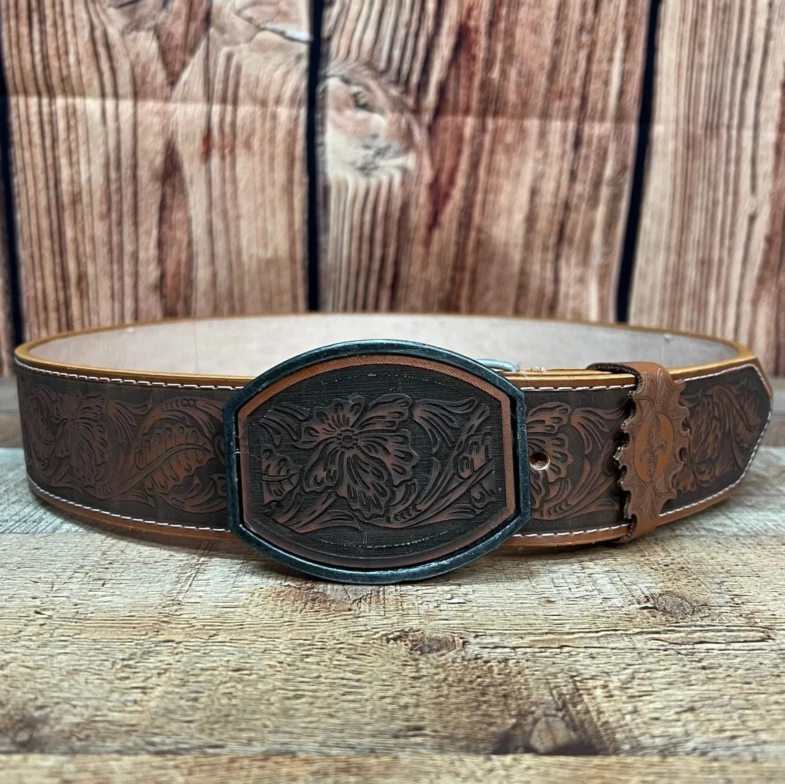 Genuine Cincelado Handtooled Leather Western Belt with Removable Buckle – Honey